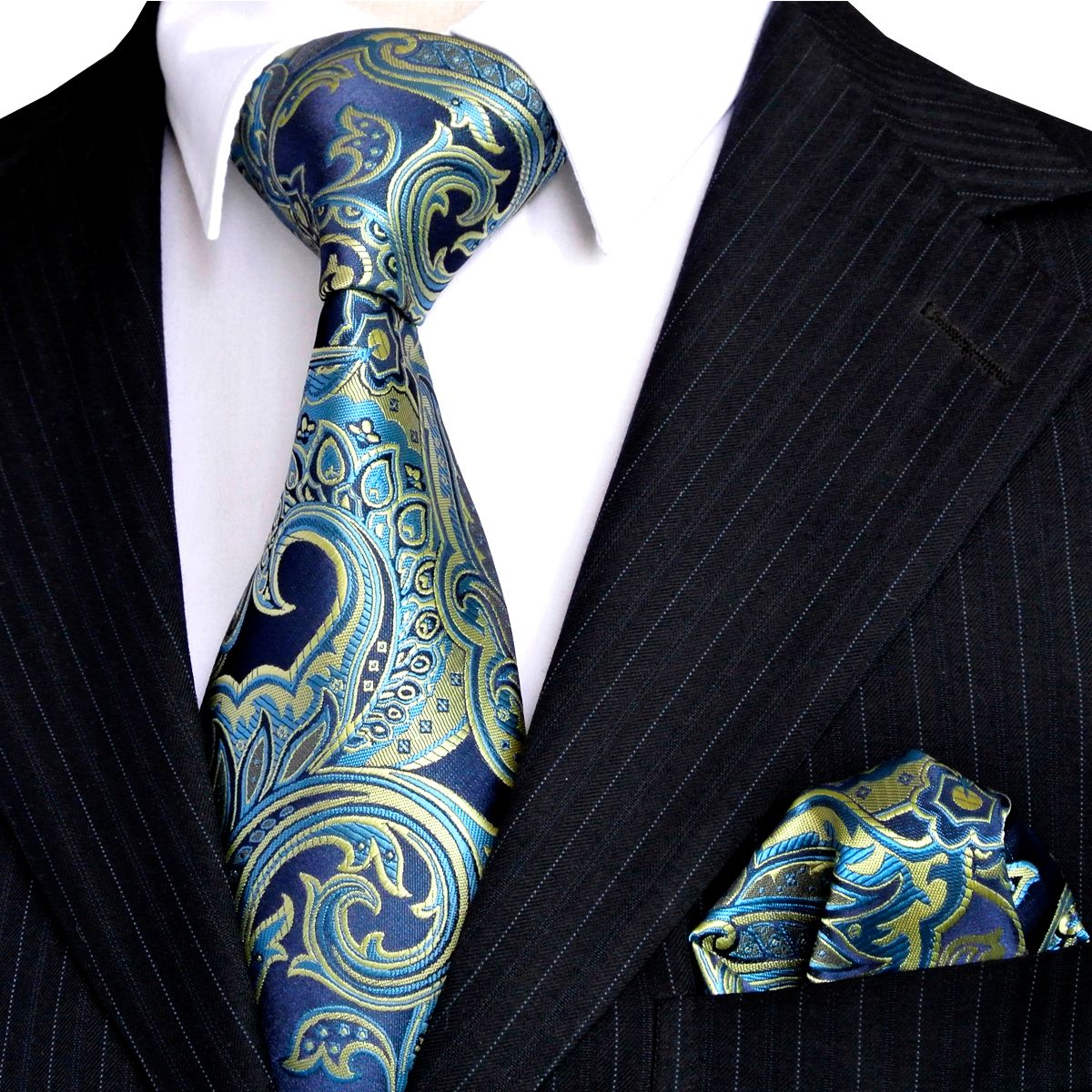 E7 Mens Necktie Handkerchief Floral Navy Blue Azure Yellow Ties Set 100