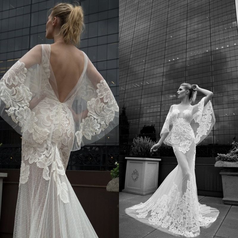 2016 Vintage Mermaid Wedding Dresses Sheer Neck Sweeptrain 