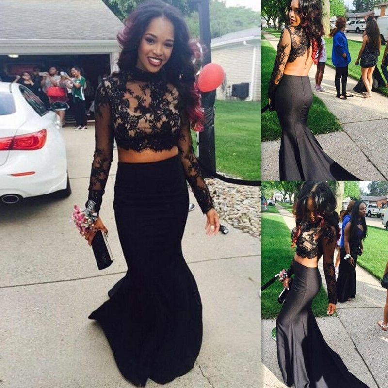 2016 Indian Prom Dress For Black Girls Prom Two Pieces Lace Sheer High