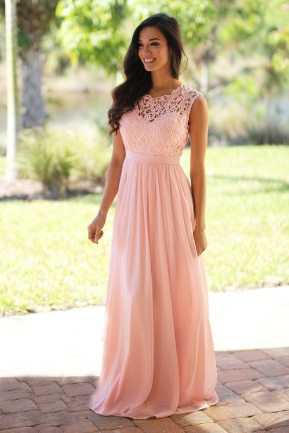 Romantic Coral Bridesmaid Dress Chiffon Lace Jewel Sheer Neck Hollow