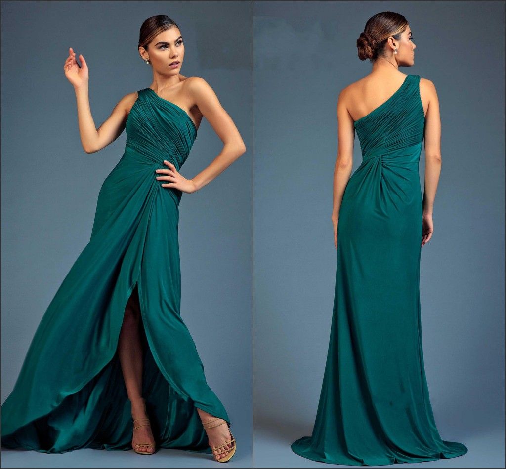 2017 Cheap Hunter Split Evening Dresses Pleats Draped Sexy One Shoulder