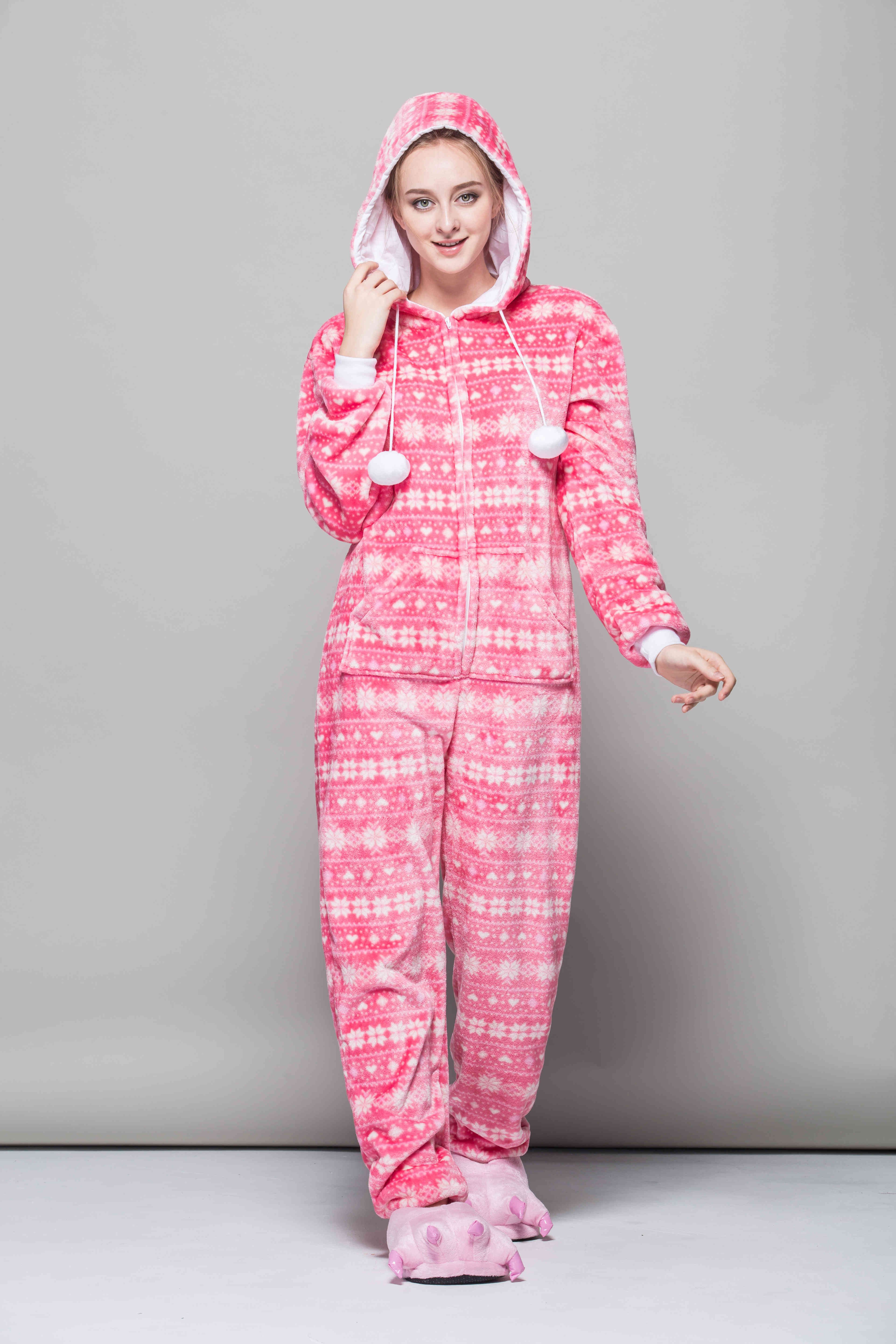 Pink Women Pajama Sets Animal Cartoon Sleep Cosplay Flannel Onesies