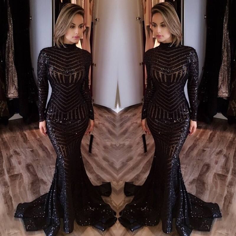 Bling Black Sequined Evening Dresses 2017 High Neck Long Sleeves