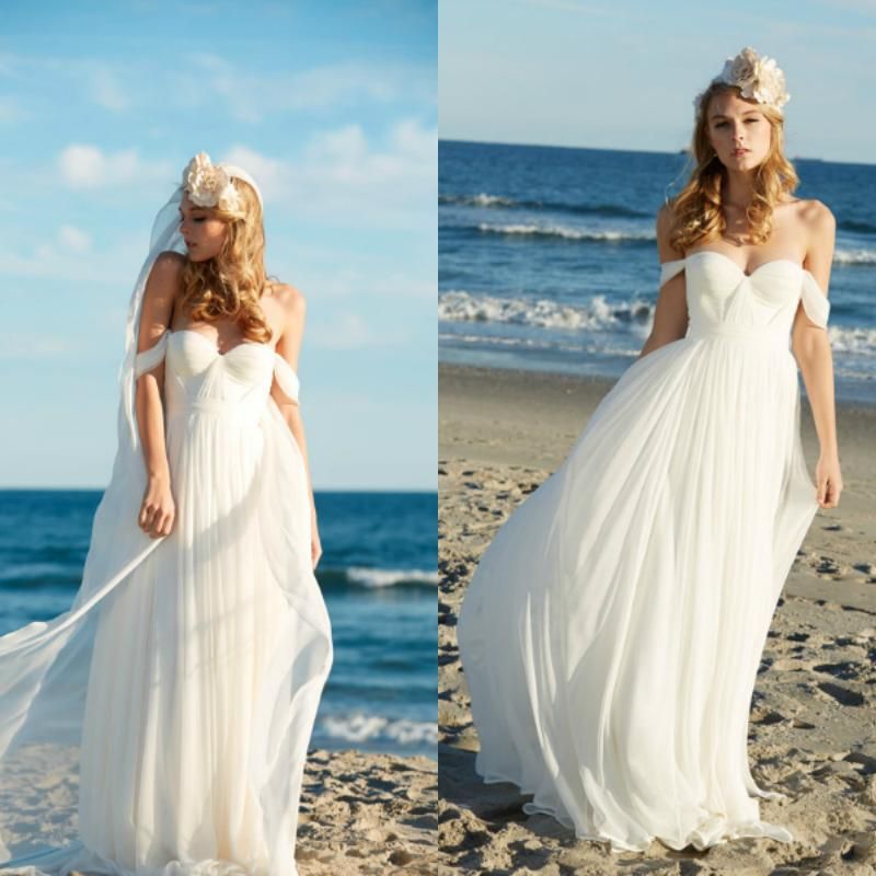 Beach Wedding Dresses 2016 White Chiffon Off The Shoulder Ruched Bridal Gowns Simple Seaside 