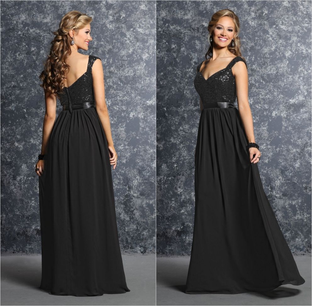Sequins Lace Black Long Bridesmaid Dresses Wedding Chiffon Sweetheart
