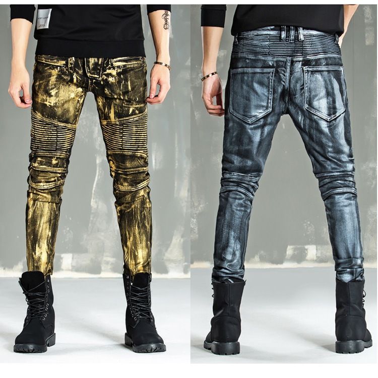 Men's Gold Silver Bronze Metallic Skinny Jeans Heavy Metal Style Coated