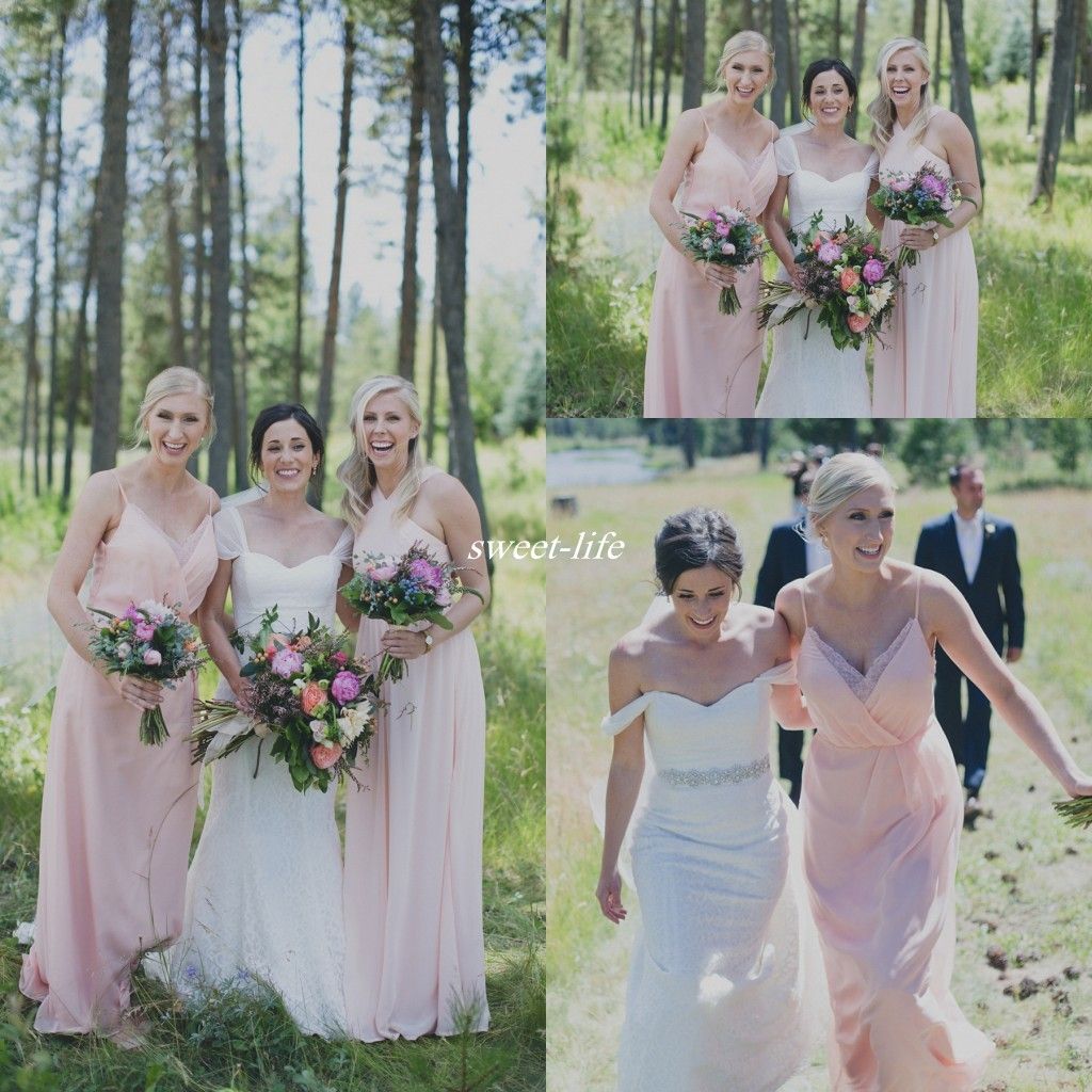 Elegant Garden Party Wedding Bridesmaid Dresses Pink Chiffon Spaghetti