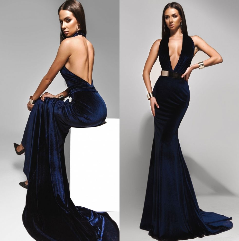 Dark Navy Blue Velvet Formal Evening Dresses 2017 with Plunging V