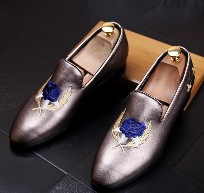 New Top DESIGNER Leather Dress Shoes Men's Casual Embroidered Rose