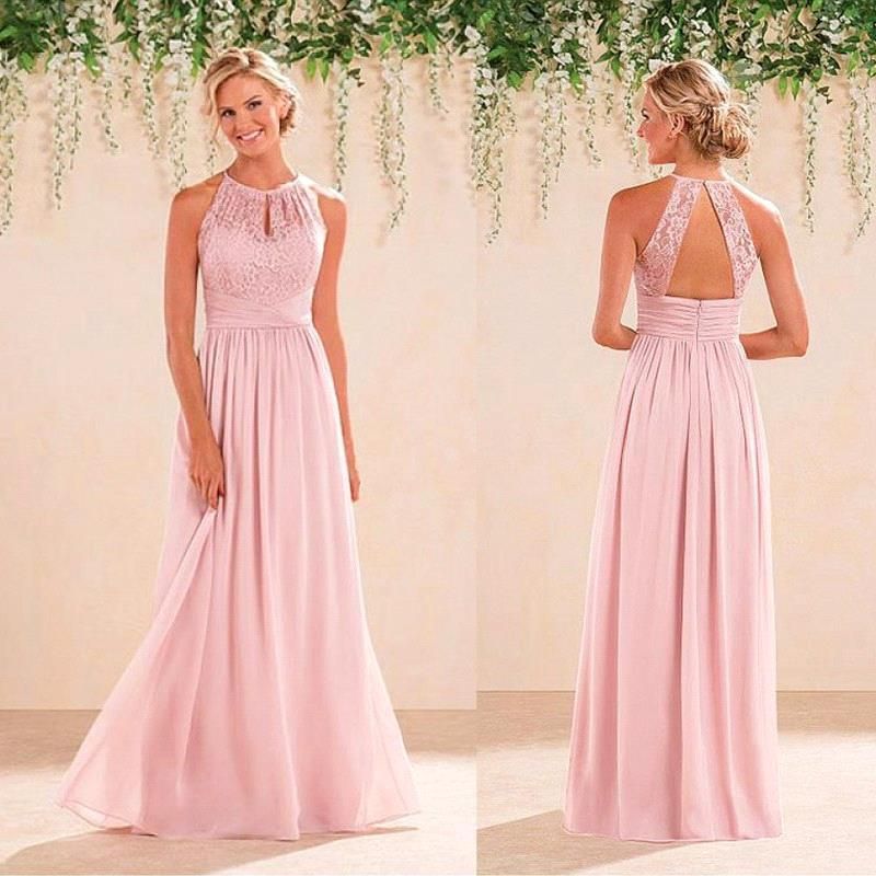 2017 Pink Halter Bridesmaid Dresses Vintage Lace A Line Cheap Chiffon