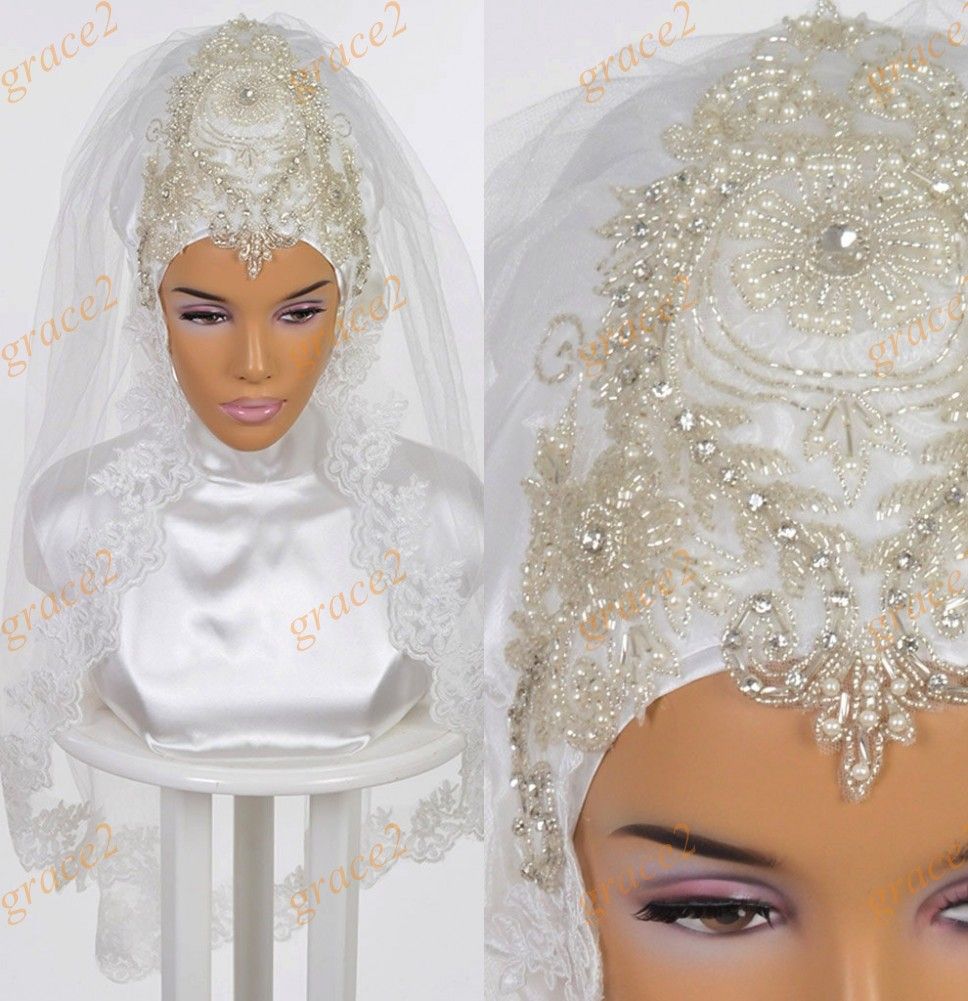 2017 Muslim Bridal Veils with Bling Bling Crystals Ready to Wear Bridal Hijab Elbow Length