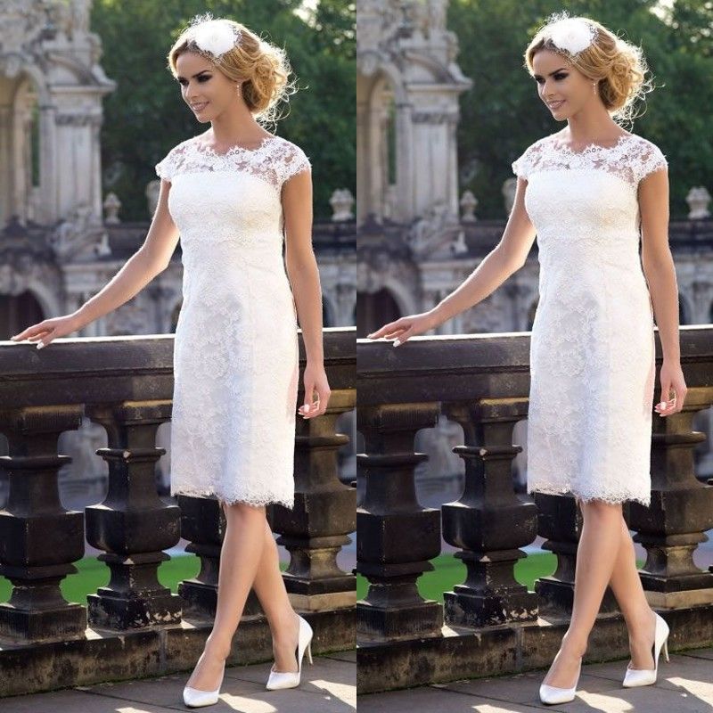 2017 Popular Knee Length Wedding Dresses Short Sheer Neck Capped Sleeves Cheap Bridal Gowns Vintage Lace Party Formal Wear Dress 2017 Popular Knee Length Wedding Dresses Short Sheer Neck Capped Sleeves Cheap Bridal Gowns Vintage Lace Party Formal Wear Dress