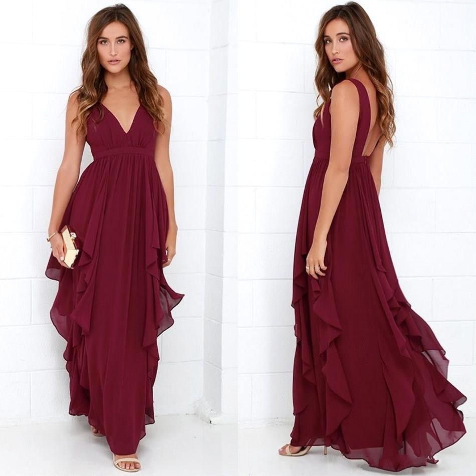 2017 Cheap Chiffon Burgundy Bridesmaid Dresses V Neck Backless Pleated