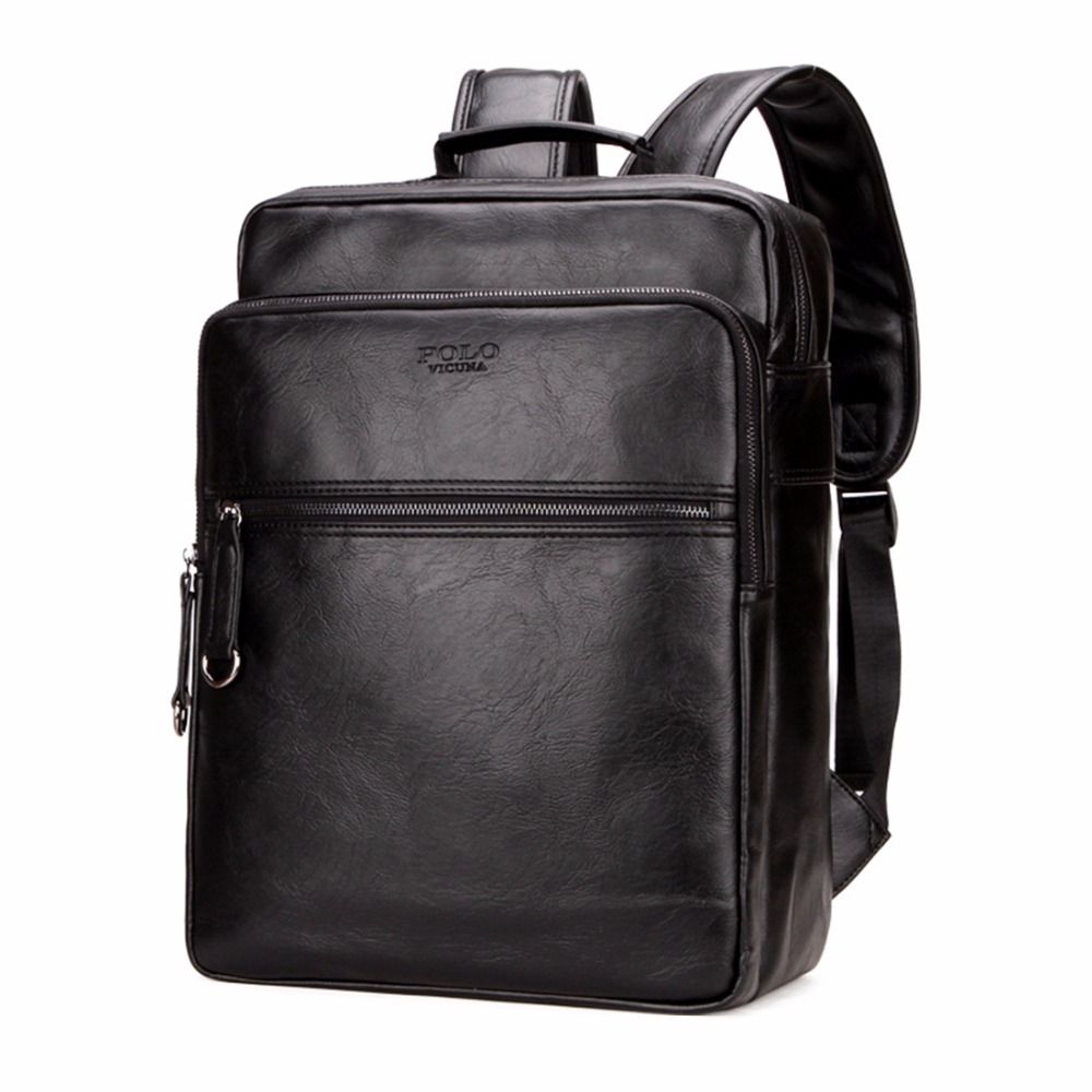 2017 New Large Capacity Cool Black Leather Men Backpack Promotion Solid Black Mens Laptop ...