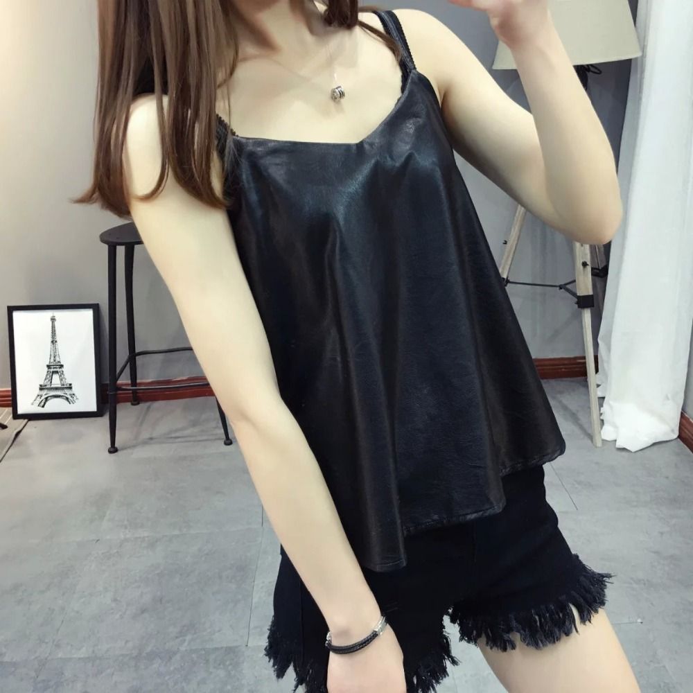 2017 Sexy Faux Leather Camisole Tank Top Sleeveless Backless Pu Leather
