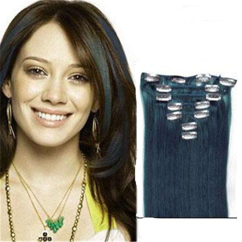Blue Clip In Hair Extensions e Set Human Hair Clip In Cheveux