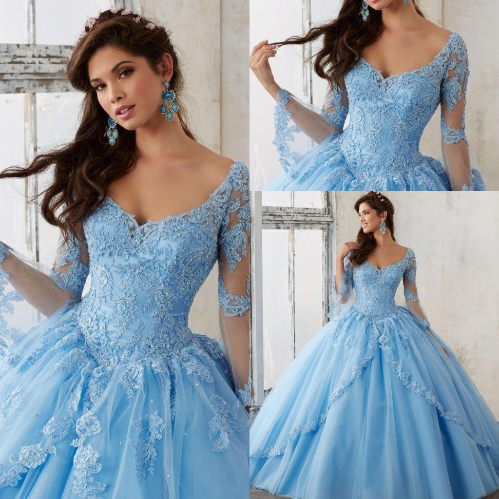 sky blue gown with sleeves