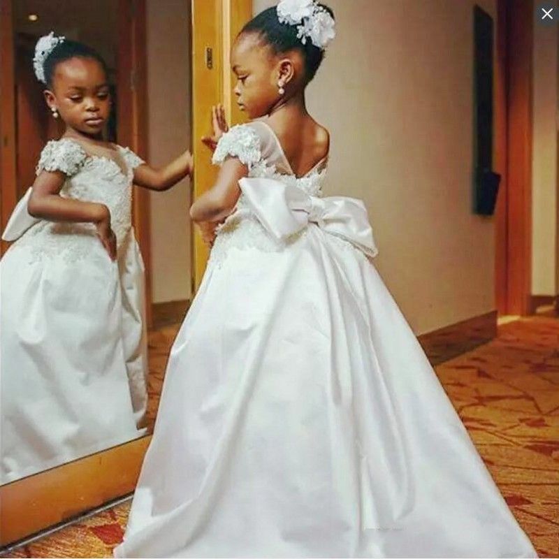 African Flower Girls Dresses Back With Big Bow A Line Satin Girls