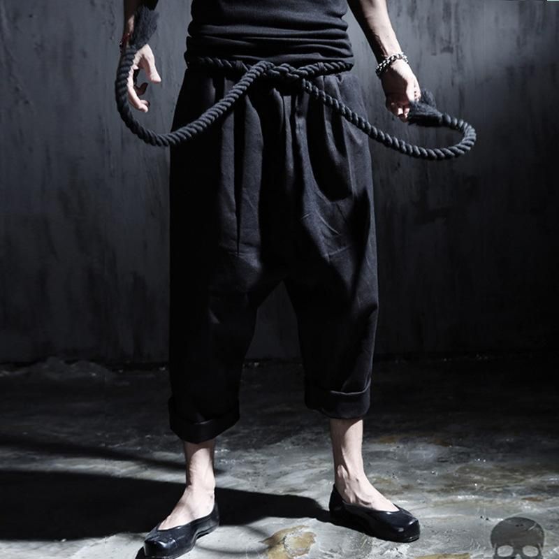 WholesaleMen Linen Casual Pant Rope Belt Punk Rock Big Crotch Pants Male Ankle Length Trousers