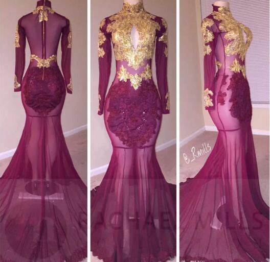 Black Mermaid Prom Dresses 2017 New High Neck Sheer Long Sleeves Black Mermaid Prom Dresses 2017 New High Neck Sheer Long Sleeves Gold Lace Appliqued Hollow Out Sexy Illusion Bodices Long Evening Gown Black Evening ... - Black Mermaid Prom Dresses 2017 New High Neck Sheer Long Sleeves