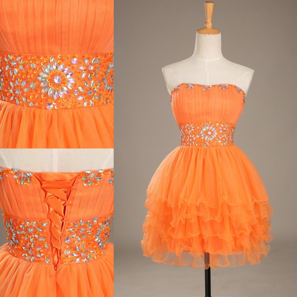 Lovely Crystal Sweetheart Party Dresses Strapless Orange Mini Short