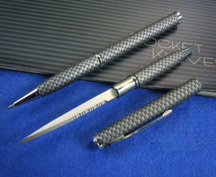 Carbon Fiber Tactical Hidden Knife Pen Serrate 2.25in Stainess Steeel