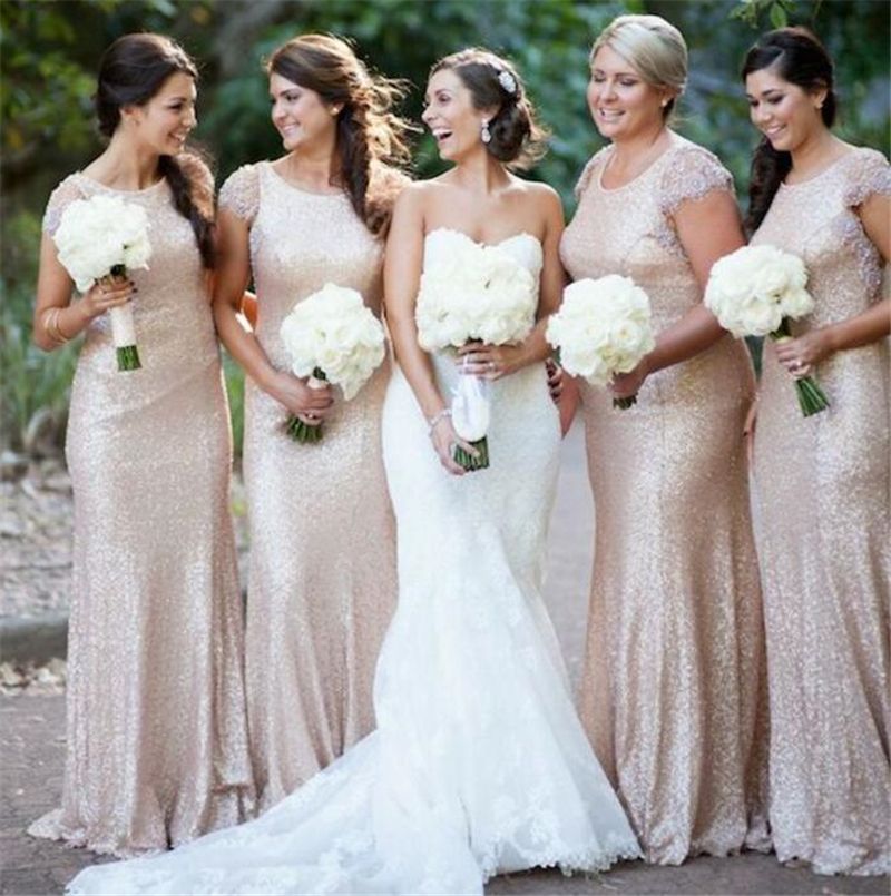 2017 Cheap Rose Gold Sequin Bridesmaids Dresses With Cap Sleeves Floor