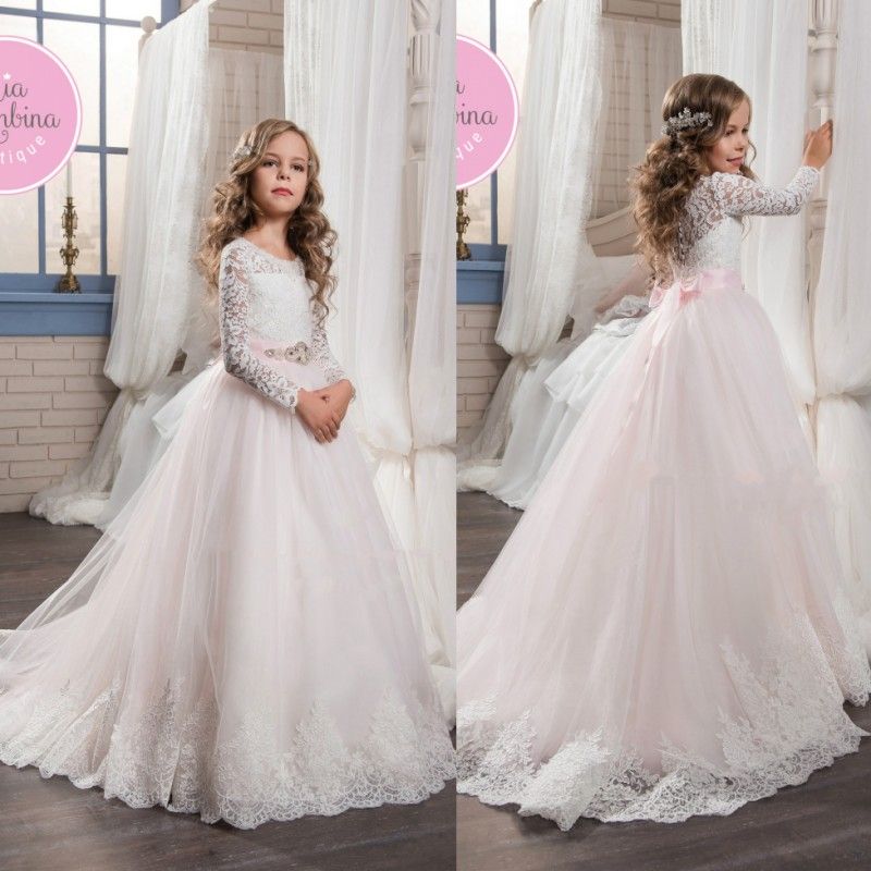 2017 Blush Long Sleeves Flower Girls Dresses For Weddings Bow Sash