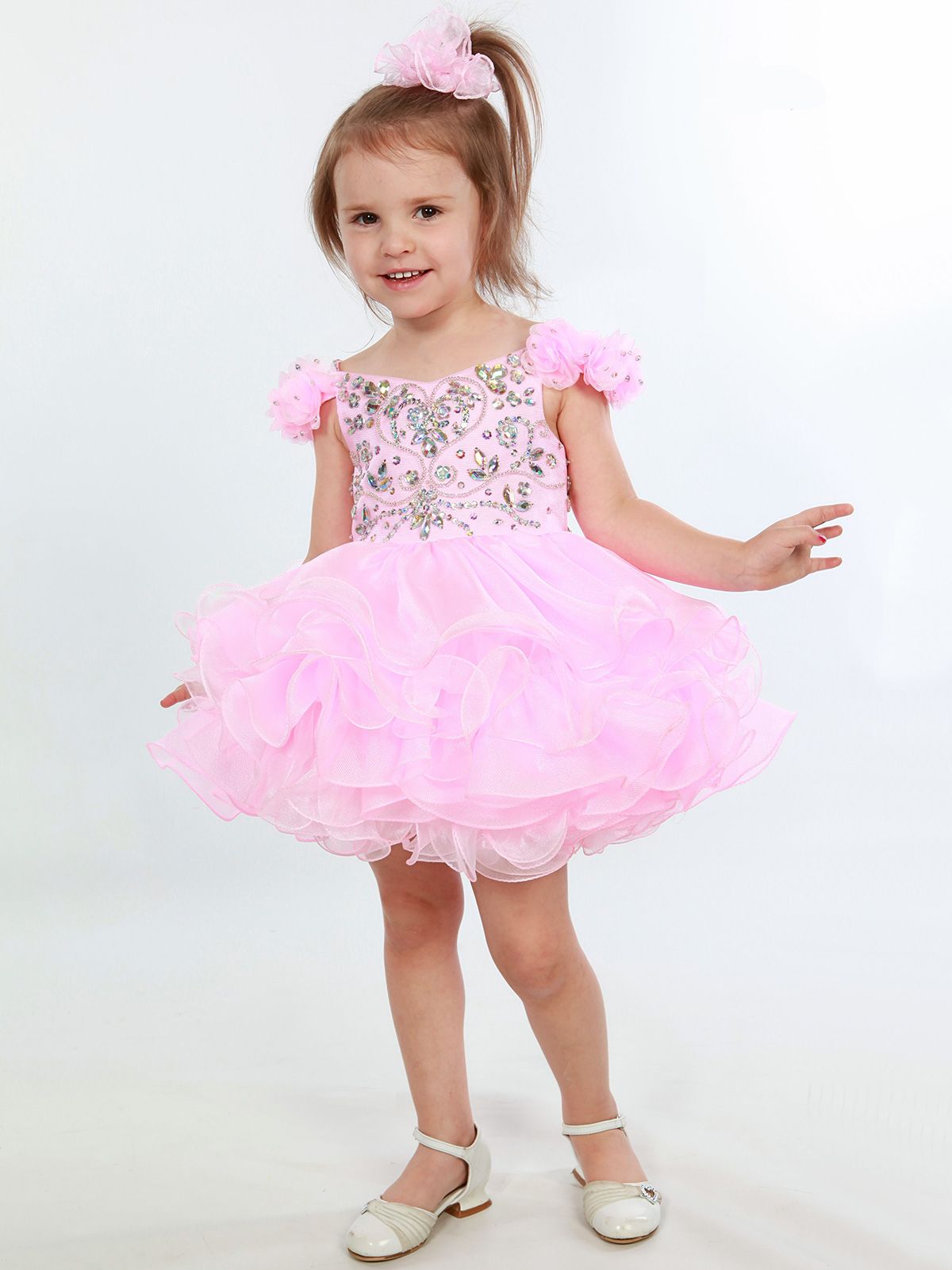 Pink Girls Pageant Dresses 2017 With Flower Sleeves And Tiered Skirt