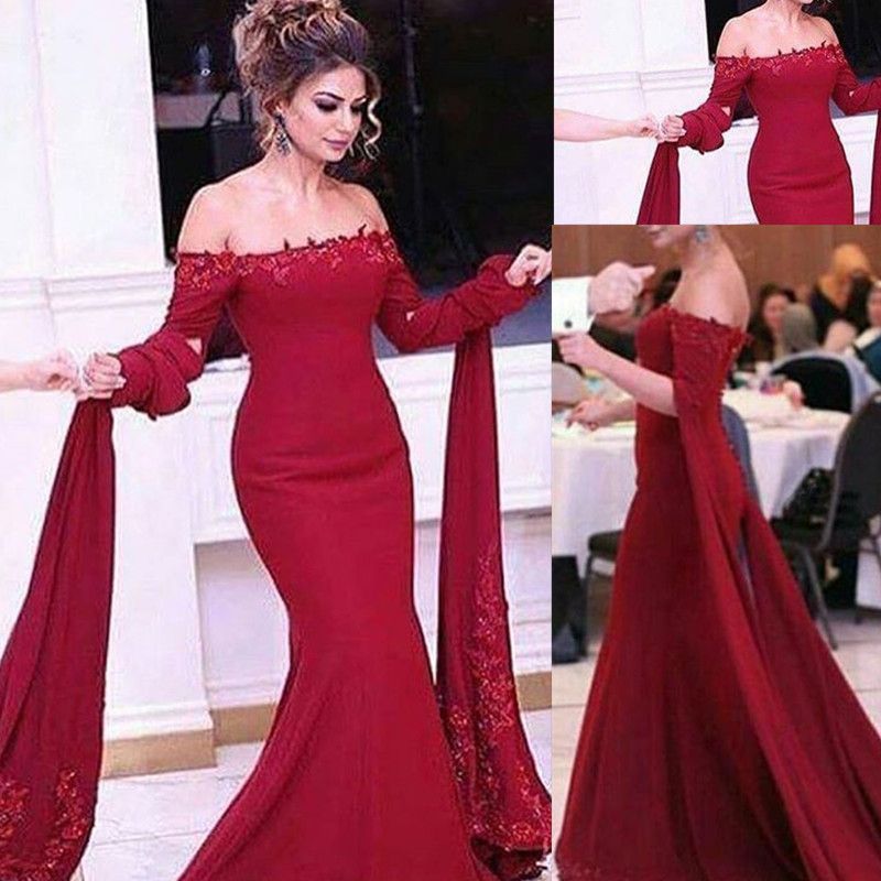 New Dark Red Prom Dresses 2017 Off Shoulder Lace Appliques Long Sleeves
