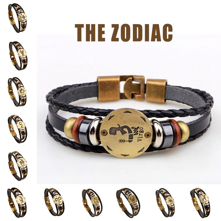 Handmade Zodiac Signs Bracelets For Women & Men Genuine Leather Bracelet Wooden Bead + Black