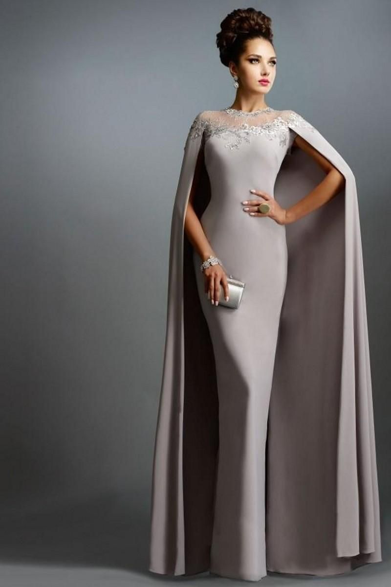 Formal Occasion Dress Grey Long Chiffon Evening Dress With Cloak Luxury