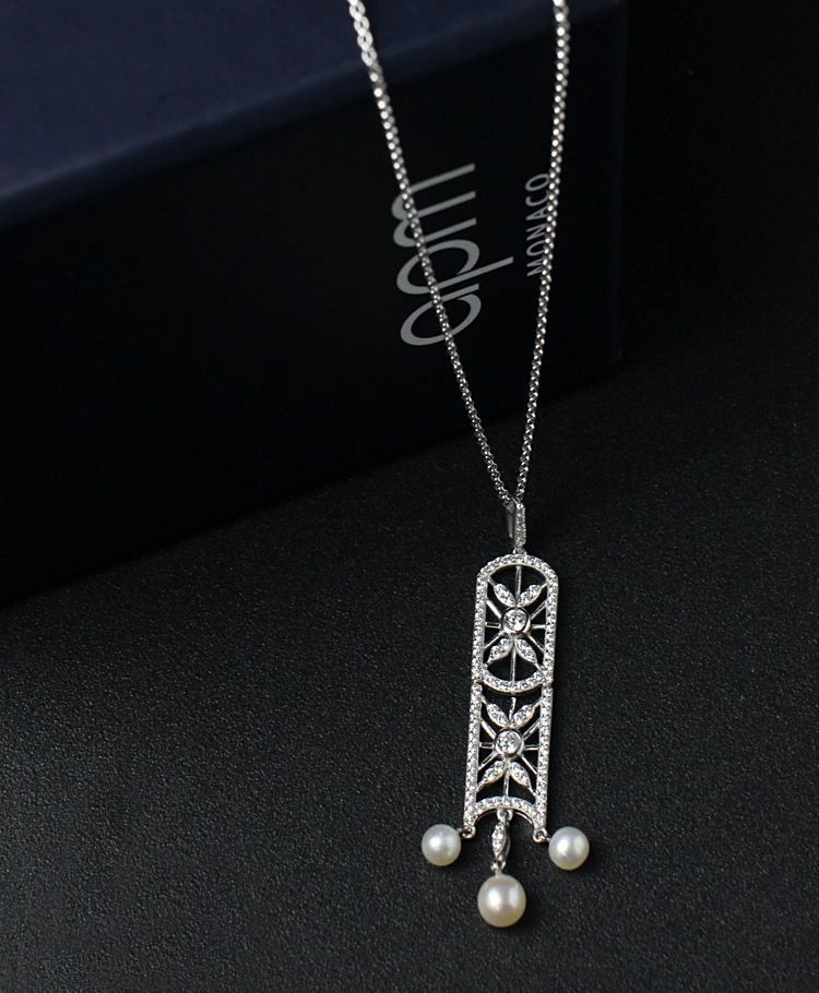 925 Sterling Silver Jewelry APM with Long Pearl Necklace Sweater Chain