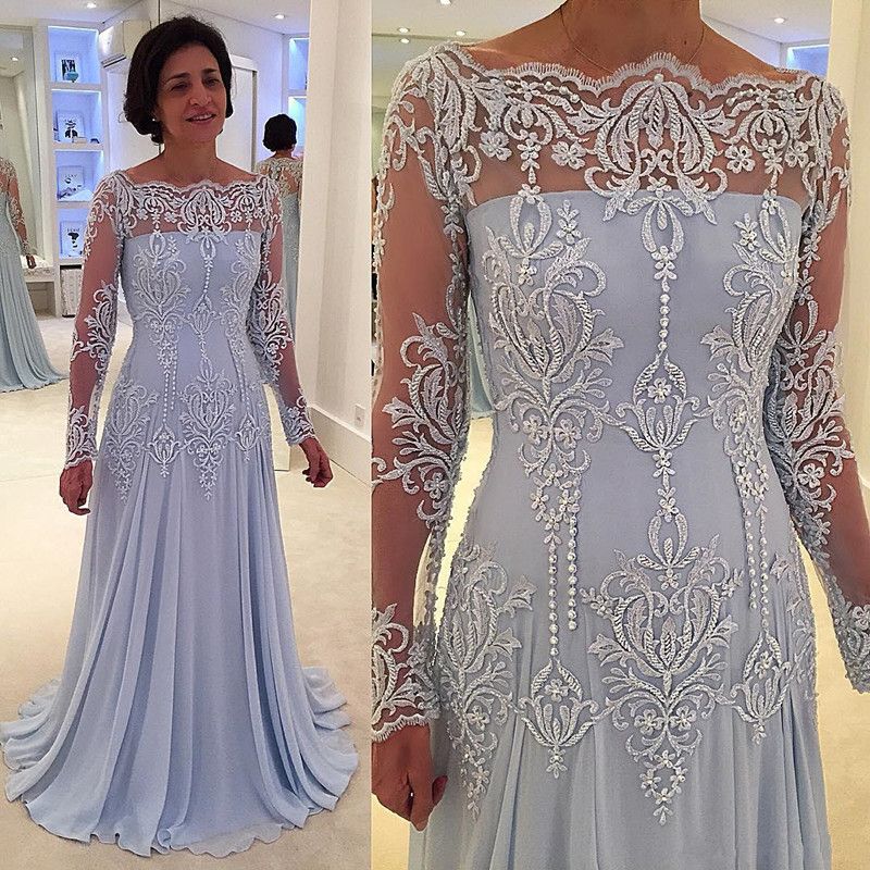 Elegant Long Sleeve Mother Of Bride Dresses Lace Applique Cheap Light