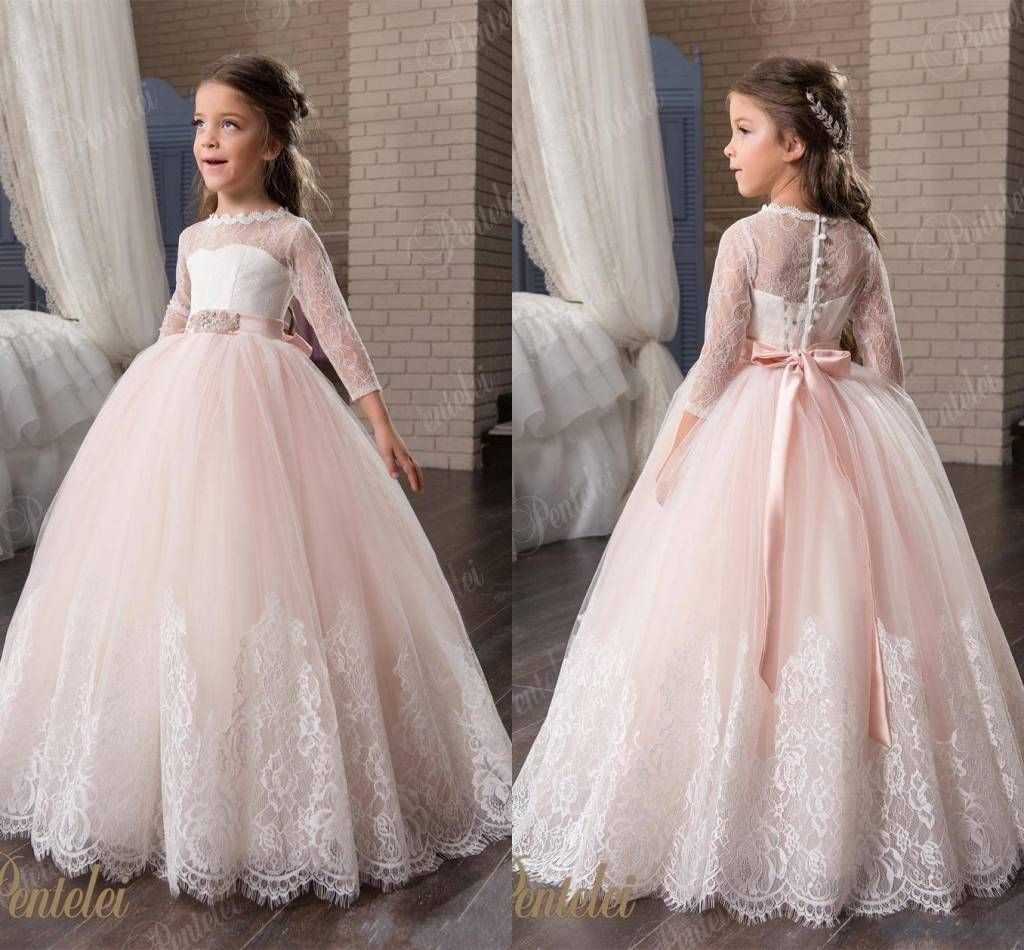 Blush Flower Girls Dresses With 3/4 Long Sleeves And Beaded Belt 2017