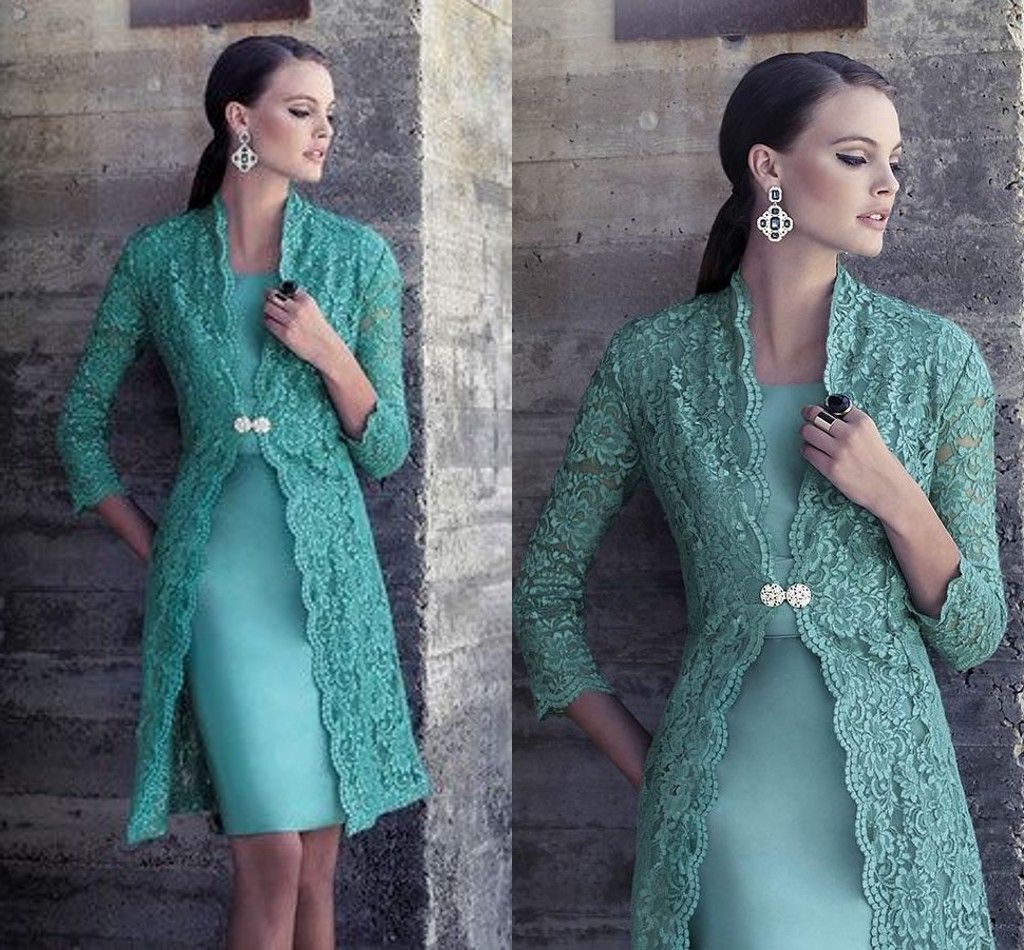Aqua Green Lace Mother Of The Bride Dresses High Neck 3/4 Long Sleeves Satin Knee Length Elegant