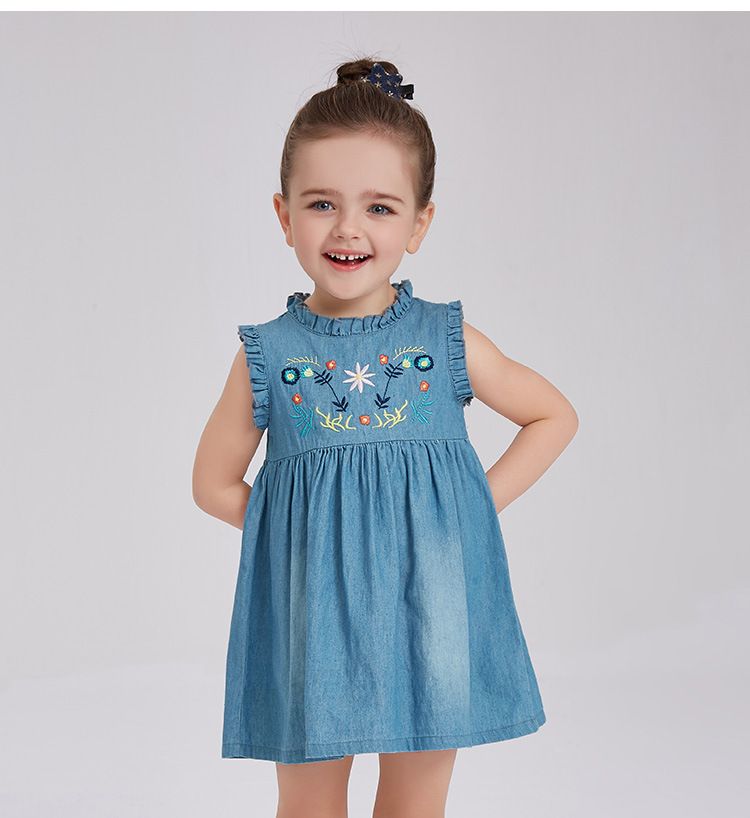 2018 Summer Cute Baby Girl Dresses Kids Girls Flower Embroidered Denim Dress Children Summer