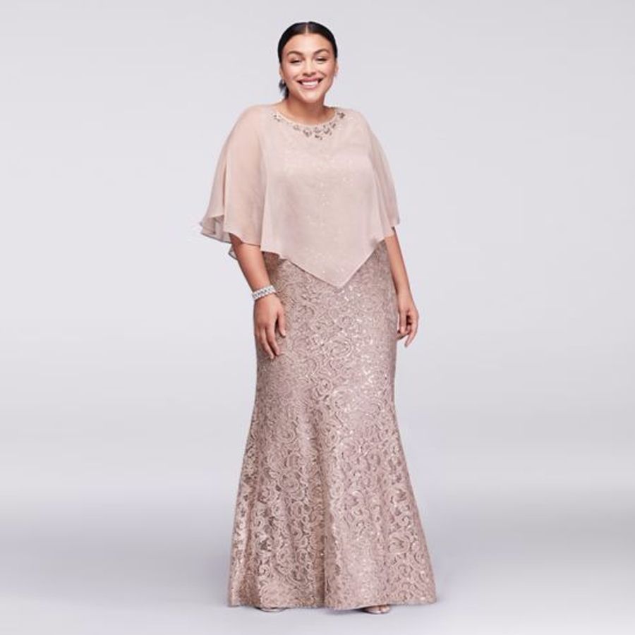 Lace Plus Size Long Mermaid Evening Dress With Beaded Capelet 3523w