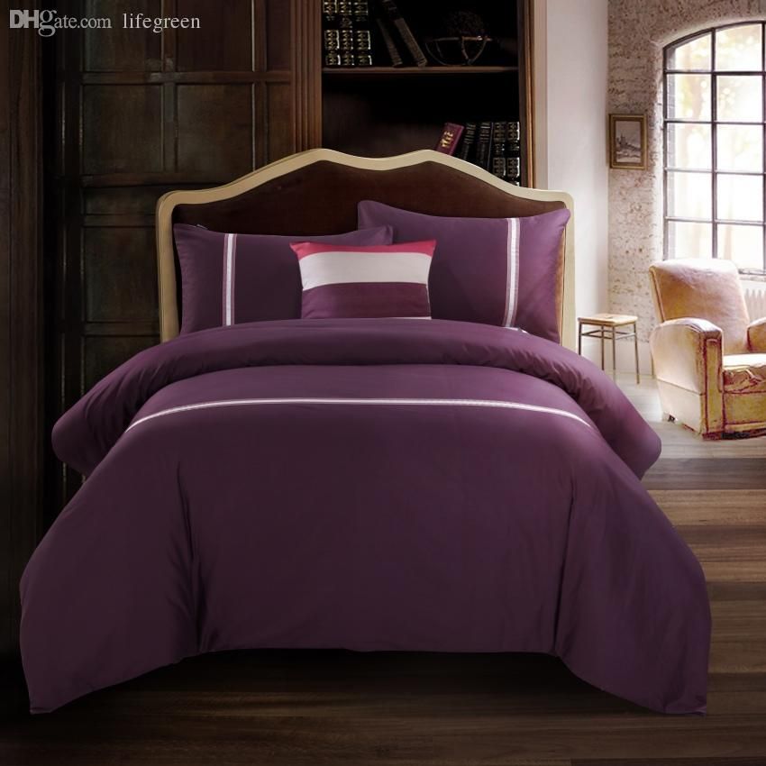 Wholesale 2016 Deep Purple 100 Cotton Bedding Sets Solid Printed Queen King Size Duvet Cover