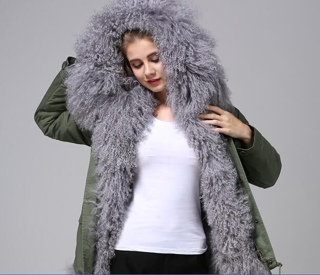 2017 Grey Fur Mr Mrs Furs Mongolia Sheep Fur Lining Jackets Army Green Coats Women Long Parka