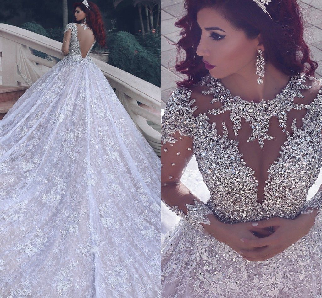 2017 Luxury Crystal Ball Gowns Wedding Dresses Sexy Sheer Backless Long