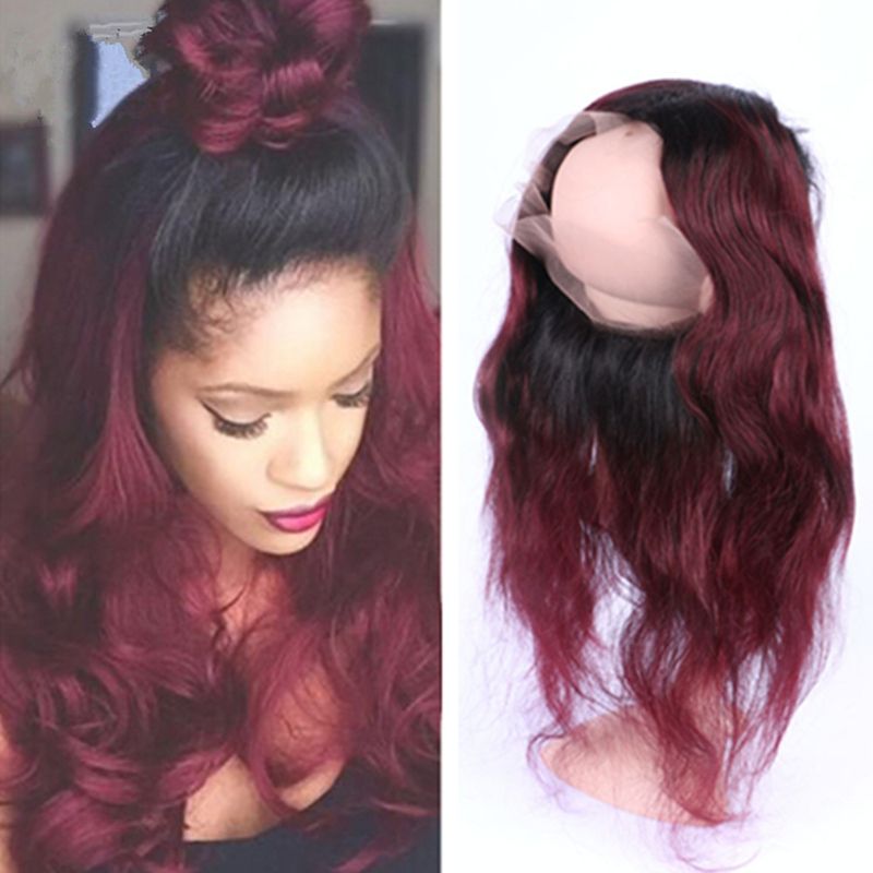 Wine Red Dark Root Ombre Human Hair 360 Lace Frontal Two Tone 1b/99j Burgundy Ombre Body Wave