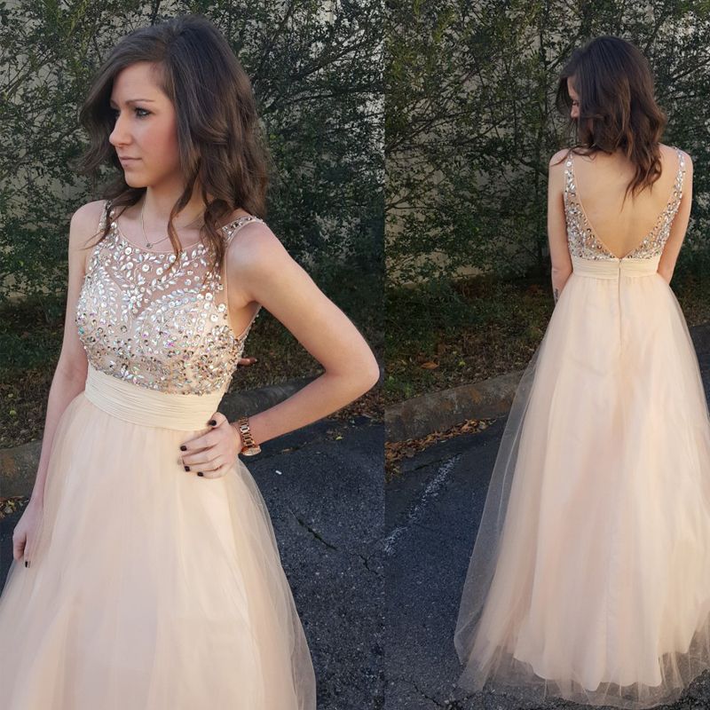 2017 New Prom Gowns Floor Length Backless Sleeveless Evening Gowns