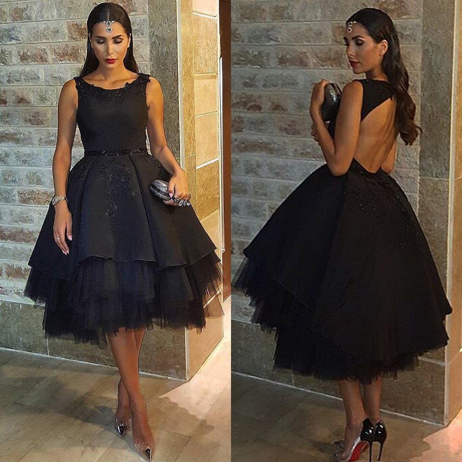 Black Ball Gown Tea Length Evening Dresses Pretty Appliques Beaded