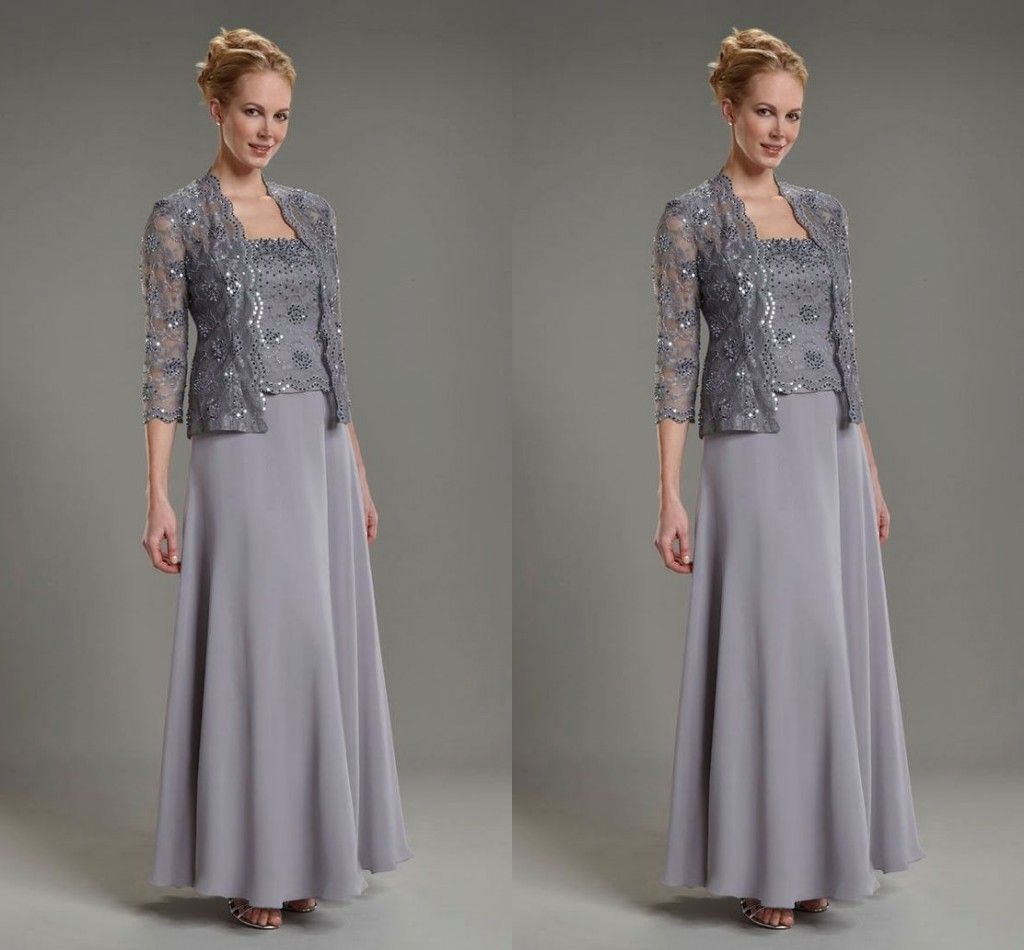 Elegant Silver Gray Mother Of The Bride Dresses Strapless Sequins Beaded Chiffon Lace Floor