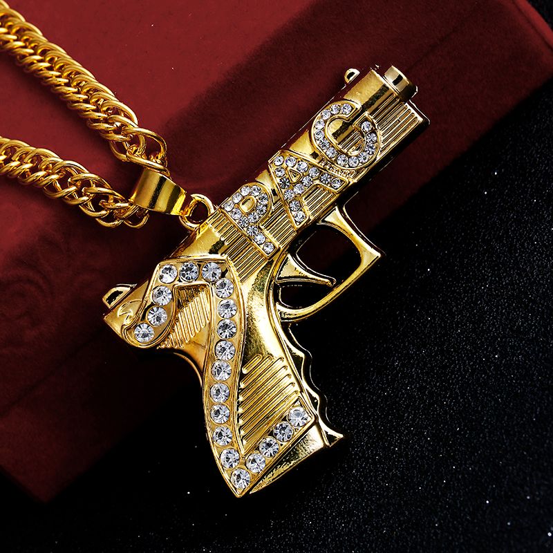 Wholesale 2017 Gold Plated Gun Hiphop Bling 2pac Pendant Necklace Mens