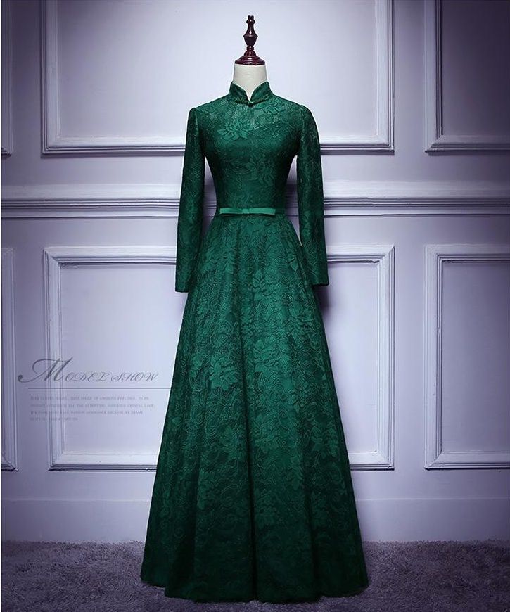 2017 Dark Green High Neck Evening Dresses Lace With Sleeves Long Prom