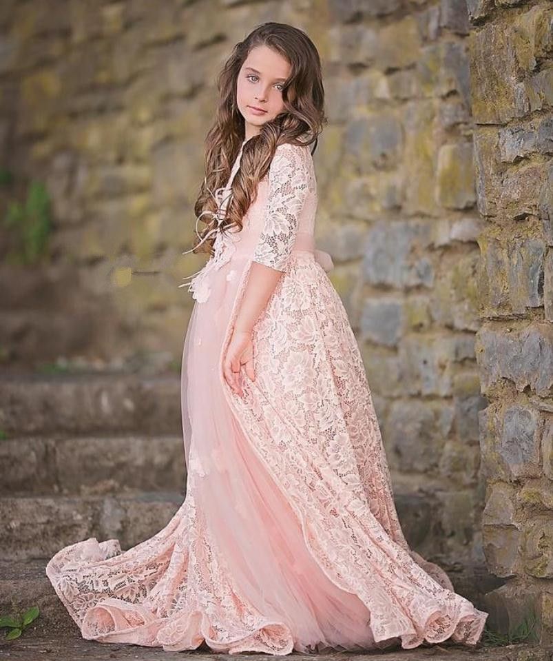 New Design Blush Pink Kids Pageant Dresses Lace Flower Girls Dress For