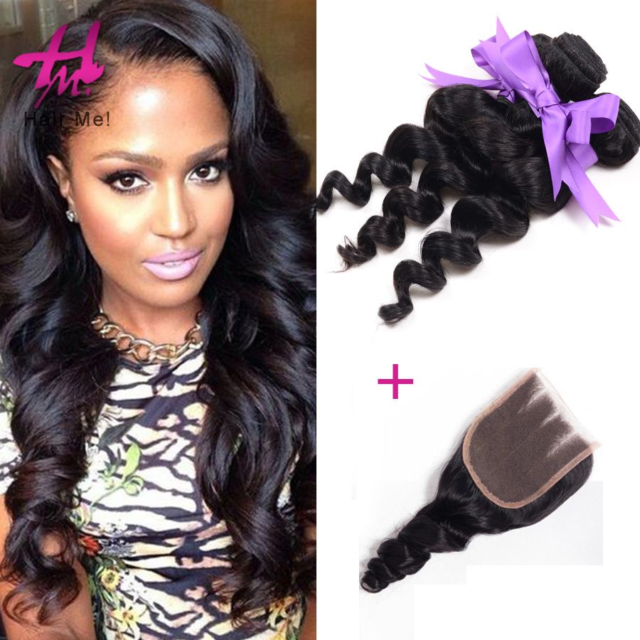 Brazilian Loose Hair Weave 3 Bundles With Middle Part Top Closure