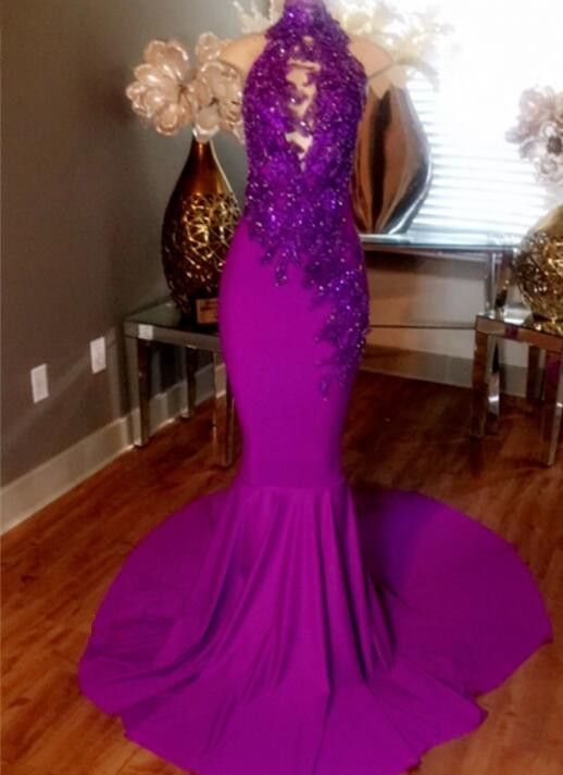 2017 Purple Mermaid Prom Dresses Beaded Crystal Lace Appliques Sexy Keyhole High Neck Stretchy